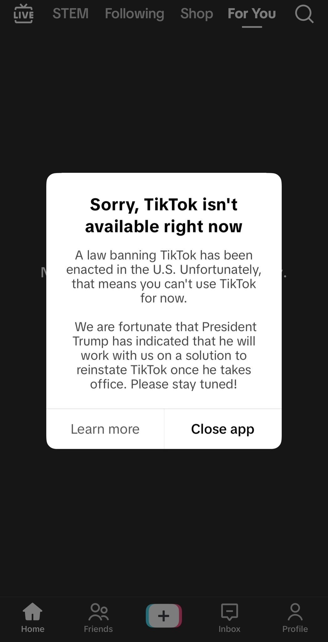 TikTok ban screen US