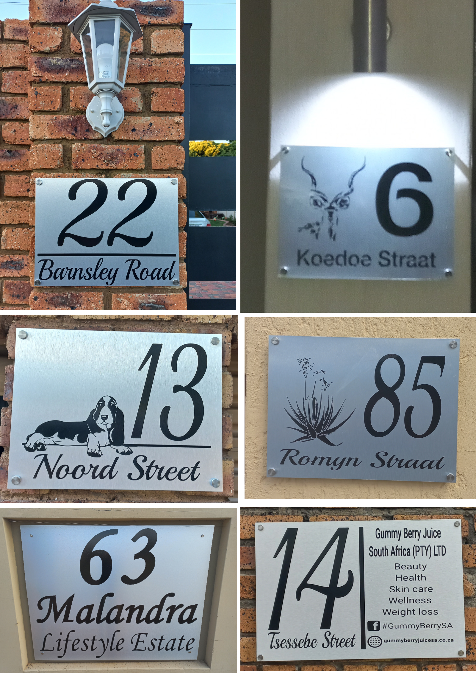 Custom designed brushed aluminium signs for homes and businesses all shapes and sizes available we deliver and courier nationwide 