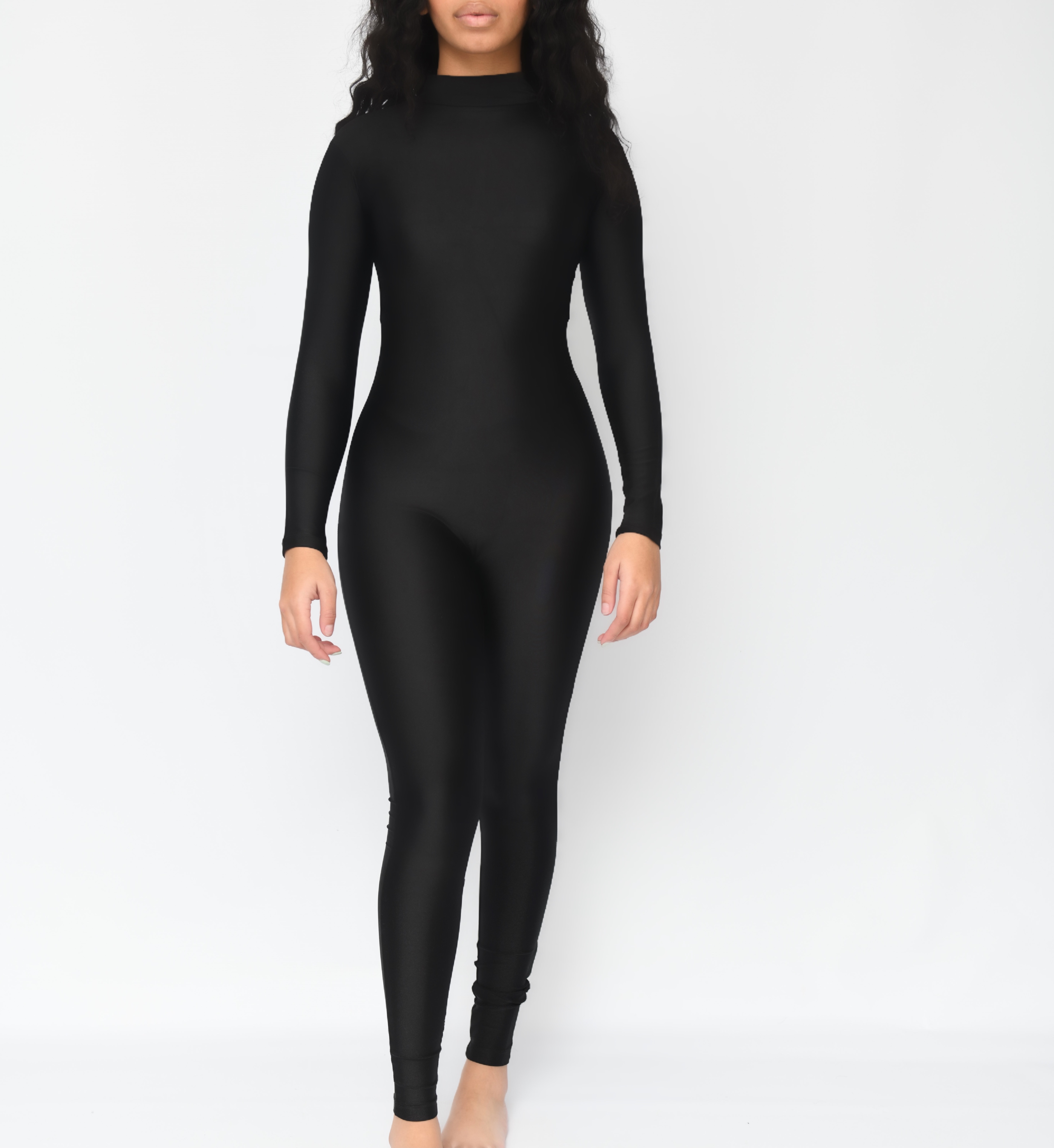 Fashionnever -Best Selling Skinny Full Length Mock Neck Unitard Long Sleeve Jumpsuit, Fabric, Slight Stretch    Model Wear UK 6 / Xtra Small
