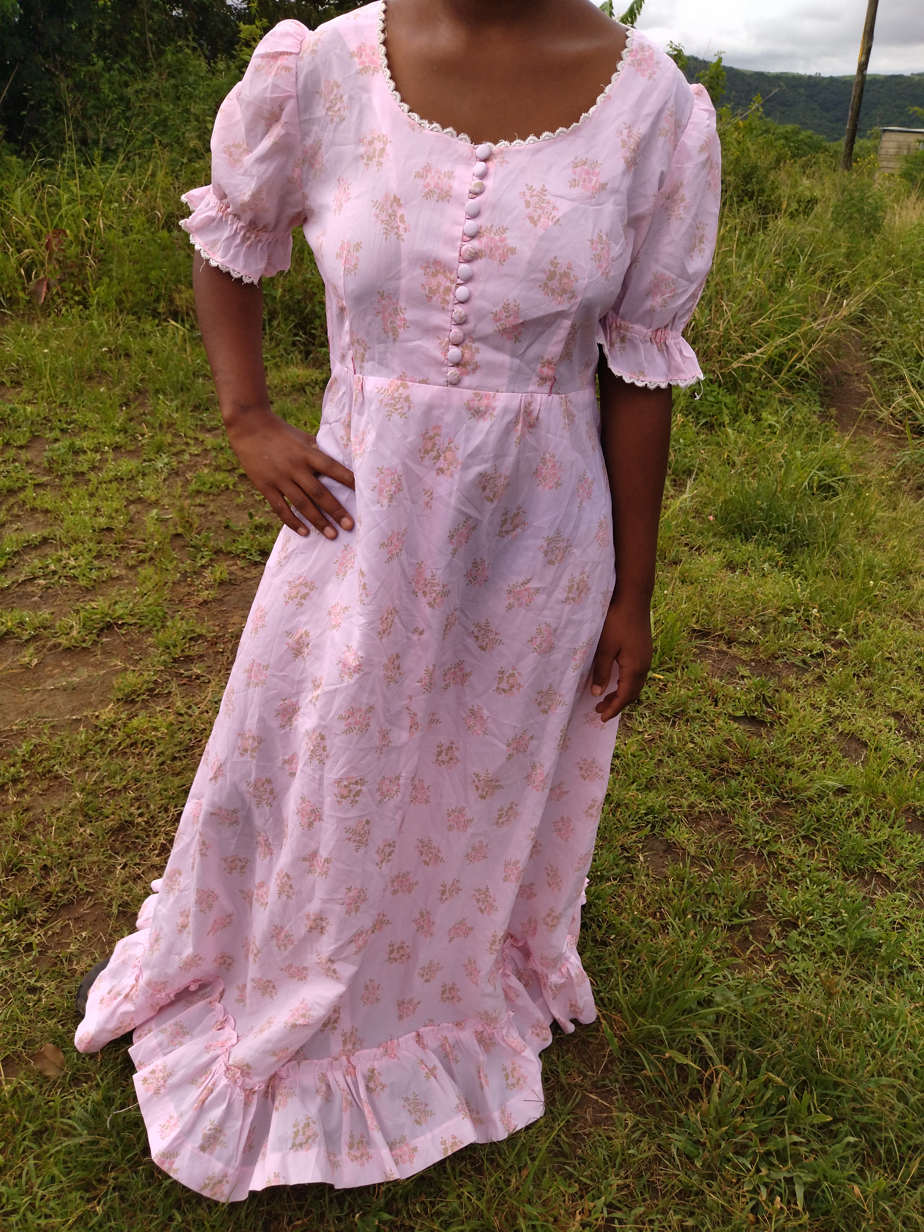 Vintage Floral Dress, handmade with chest button-down 